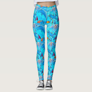 happy leaping dolphins  blue leggings