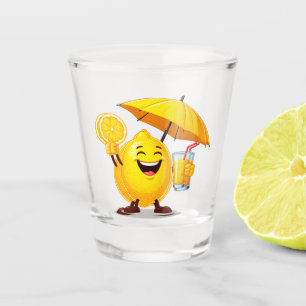 Happy Lemon Cartoon Character Holding Juice Shot Glass