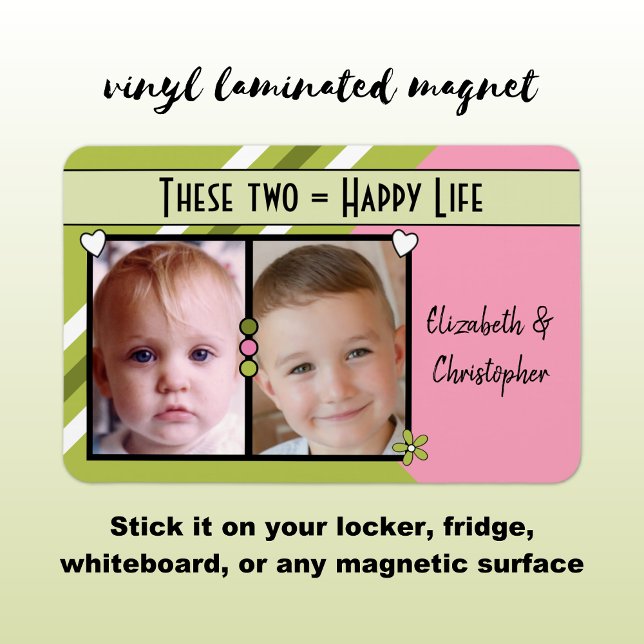 Happy life add 2 photos and names green pink magnet (Creator Uploaded)
