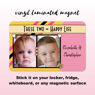 Happy life add 2 photos and names yellow pink magnet