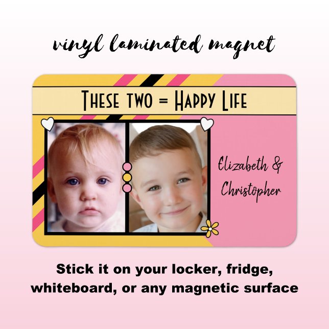 Happy life add 2 photos and names yellow pink magnet (Creator Uploaded)