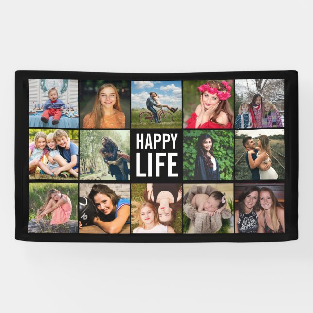 Happy Life Photo Collage Black Custom Banner (Horizontal)