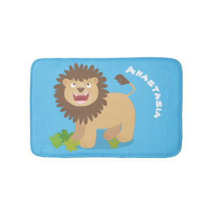 Happy lion roaring cartoon illustration bath mat