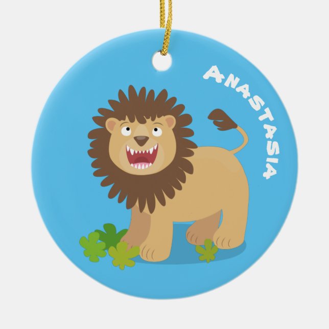 Happy lion roaring cartoon illustration ceramic tree decoration (Front)