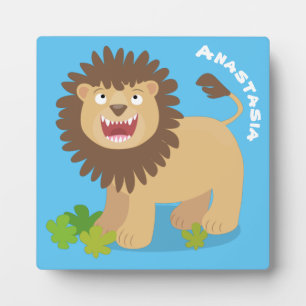 Happy lion roaring cartoon illustration plaque
