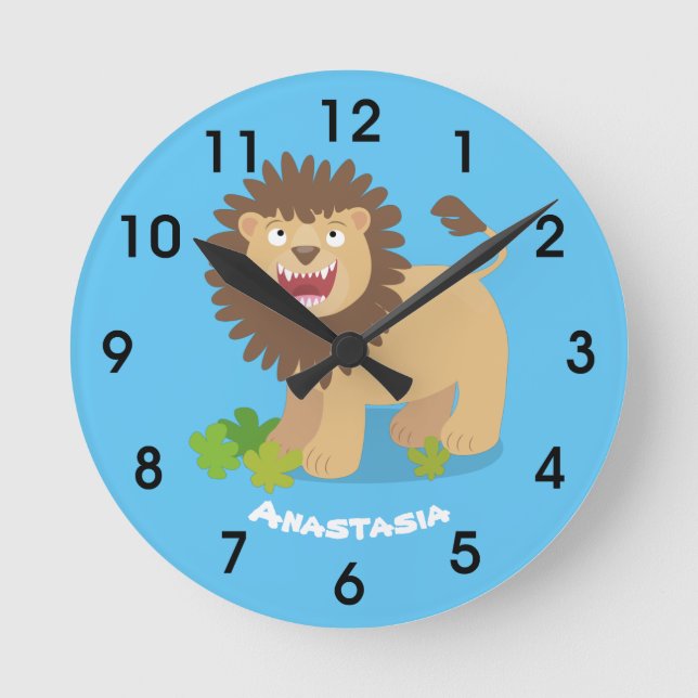 Happy lion roaring cartoon illustration round clock (Front)