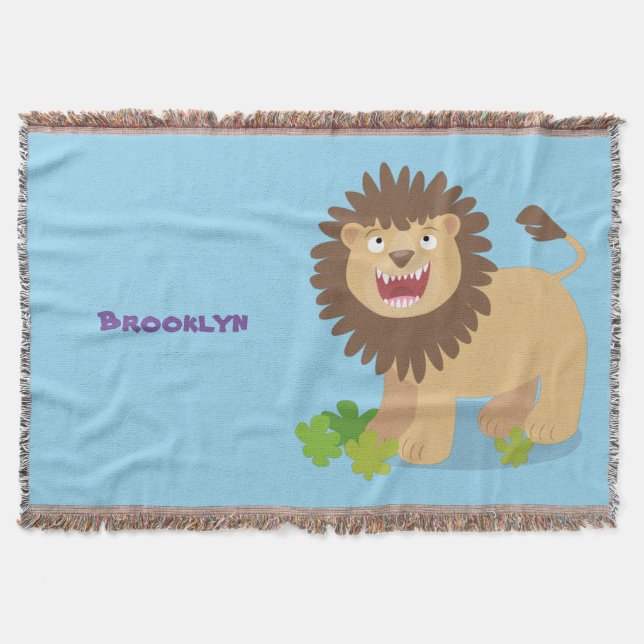 Happy lion roaring cartoon illustration throw blanket (Front)