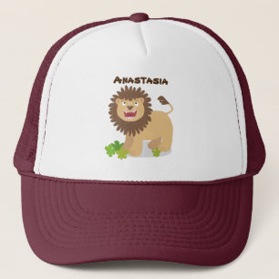 Happy lion roaring cartoon illustration trucker hat
