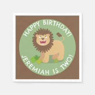 Happy lion roaring cartoon personalised birthday napkin