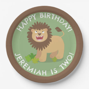 Happy lion roaring cartoon personalised birthday paper plate