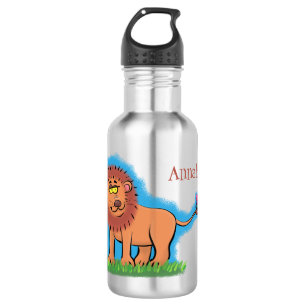 Happy lion with butterfly cartoon illustration 532 ml water bottle