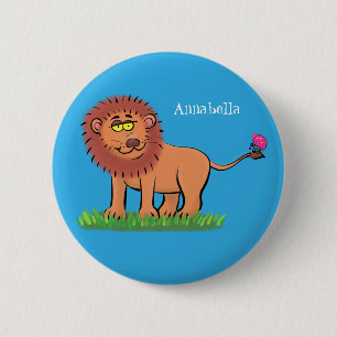 Happy lion with butterfly cartoon illustration 6 cm round badge