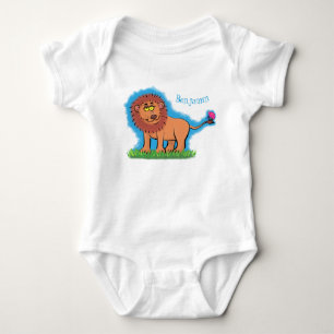 Happy lion with butterfly cartoon illustration baby bodysuit