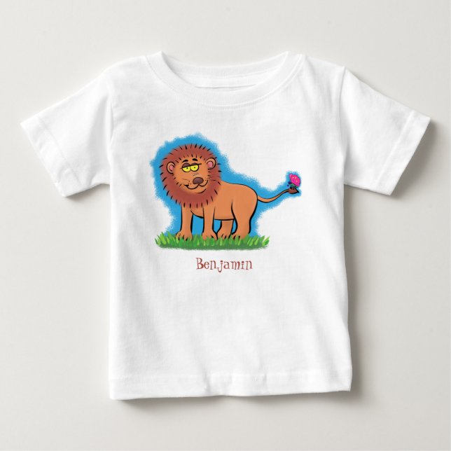 Happy lion with butterfly cartoon illustration baby T-Shirt (Front)