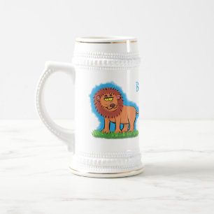 Happy lion with butterfly cartoon illustration beer stein