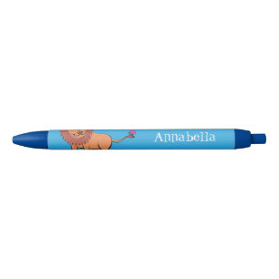 Happy lion with butterfly cartoon illustration black ink pen