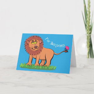 Happy lion with butterfly cartoon illustration card