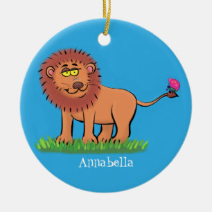 Happy lion with butterfly cartoon illustration ceramic tree decoration
