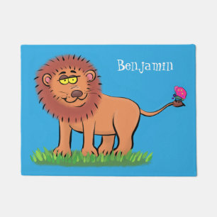 Happy lion with butterfly cartoon illustration doormat