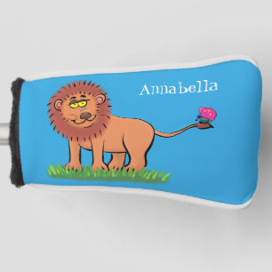 Happy lion with butterfly cartoon illustration golf head cover