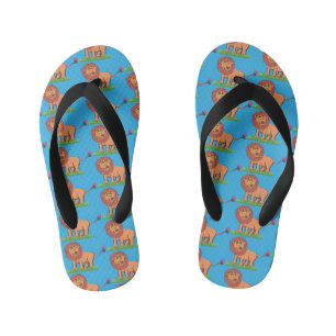 Happy lion with butterfly cartoon illustration kid's jandals