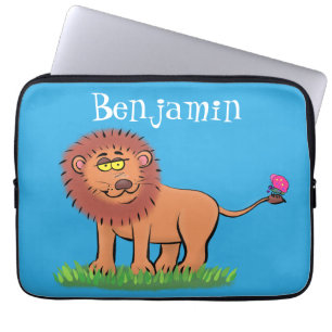 Happy lion with butterfly cartoon illustration laptop sleeve