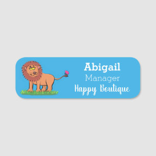 Happy lion with butterfly cartoon illustration name tag