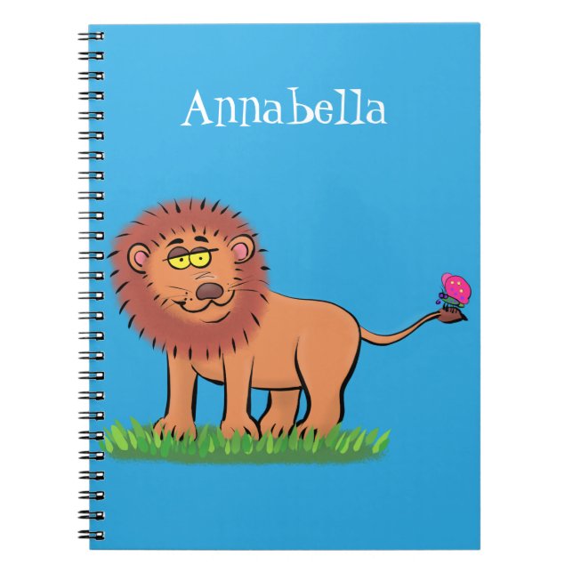 Happy lion with butterfly cartoon illustration notebook (Front)