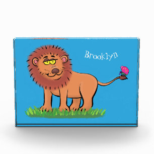 Happy lion with butterfly cartoon illustration photo block