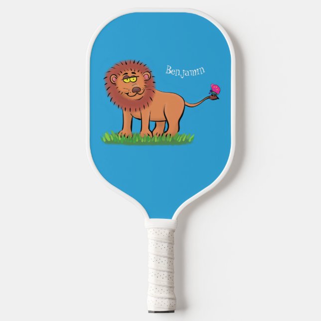 Happy lion with butterfly cartoon illustration pickleball paddle (Front)