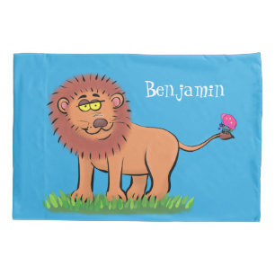 Happy lion with butterfly cartoon illustration pillowcase