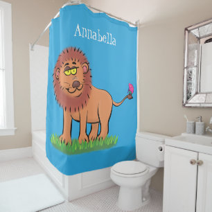 Happy lion with butterfly cartoon illustration shower curtain