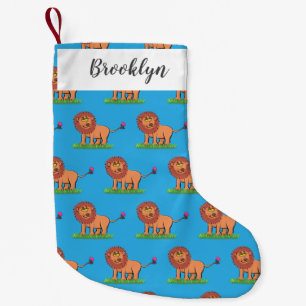 Happy lion with butterfly cartoon illustration small christmas stocking