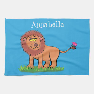 Happy lion with butterfly cartoon illustration tea towel