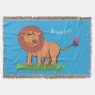 Happy lion with butterfly cartoon illustration throw blanket
