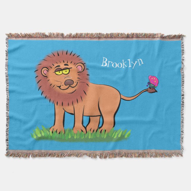 Happy lion with butterfly cartoon illustration throw blanket (Front)