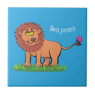 Happy lion with butterfly cartoon illustration tile