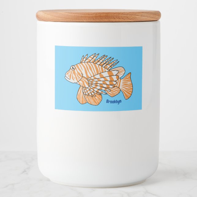 Happy lionfish cartoon illustration food label (Front)
