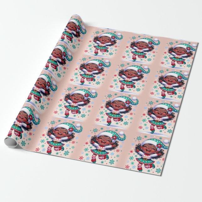 Happy Little Black girl Christmas elf Wrapping Paper (Unrolled)