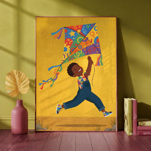 Happy Little Boy Flying a Bright Patterned Kite Poster