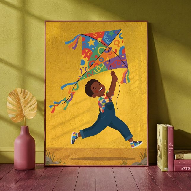 Happy Little Boy Flying a Bright Patterned Kite Poster (Creator Uploaded)