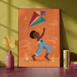 Happy Little Boy Flying Colourful Kite Nursery Art Poster