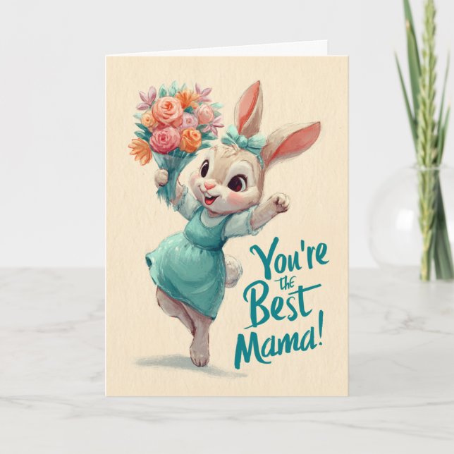 Happy Little Bunny With Flowers for Mother's Day Card (Front)