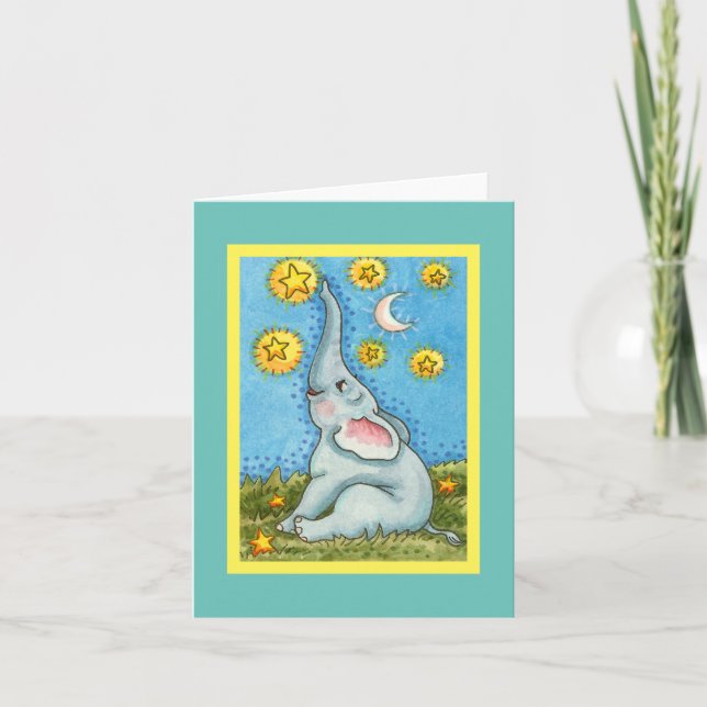HAPPY LITTLE ELEPHANT REACHING FOR THE STARS Blank Card (Front)