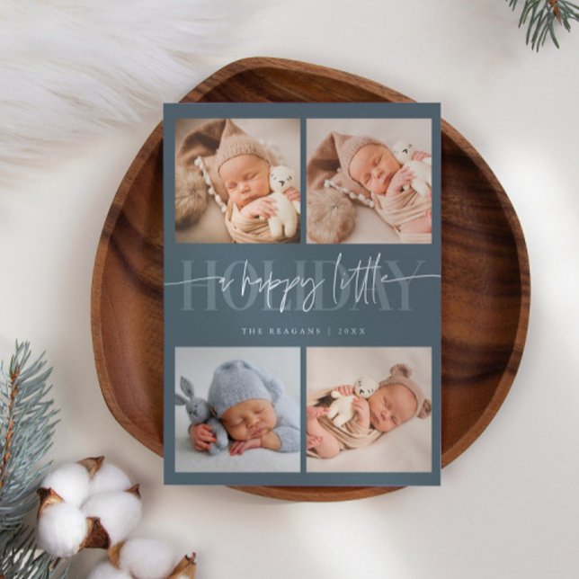 Happy Little Holiday Slate Blue Multi Photo Birth  Announcement (Creator Uploaded)