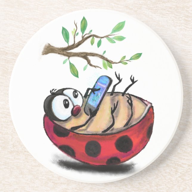 Happy Little Ladybug with Phone - Cartoon Drawing  Coaster (Front)