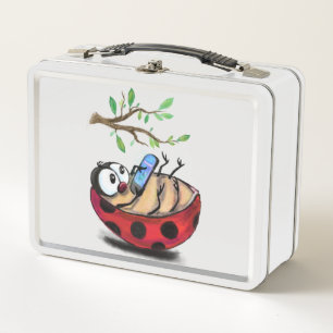 Happy Little Ladybug with Phone - Cartoon Drawing Metal Lunch Box