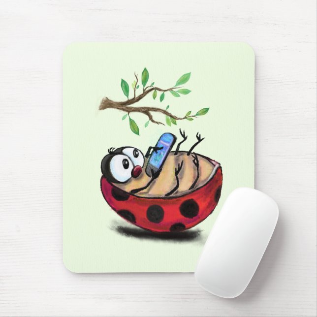 Happy Little Ladybug with Phone - Cartoon Drawing  Mouse Pad (With Mouse)