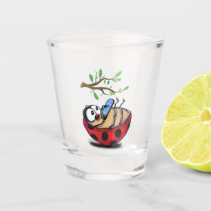 Happy Little Ladybug with Phone - Cartoon Drawing  Shot Glass