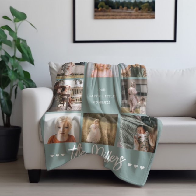 Happy Little Moments | Modern 8 Photo Family Name Fleece Blanket (Creator Uploaded)